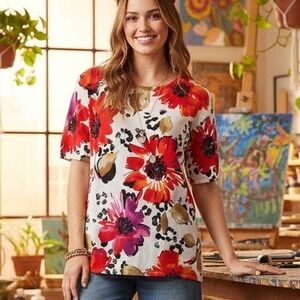 Alfred Dunner 1X $48 Black Orange Pink Floral Sequin Short Sleeve Knit Top